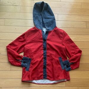 Red Hooded Button-Front Shacket with Denim Trim